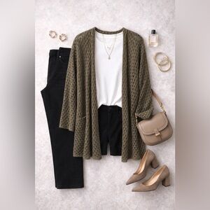 Jana Open-Knit Olive Green Women's Cardigan Sweater